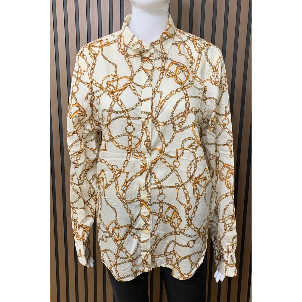 Lauren Ralph Lauren XL White Gold Chain Stirrup Print Cotton Button Down Shirt